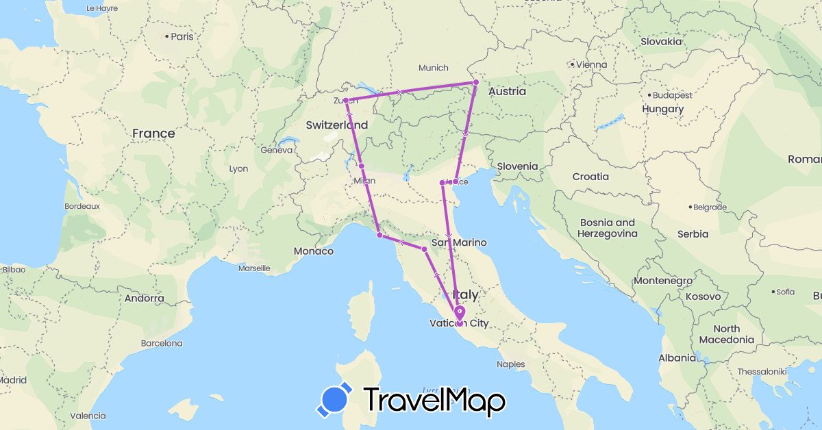 TravelMap itinerary: driving, train in Austria, Switzerland, Italy (Europe)